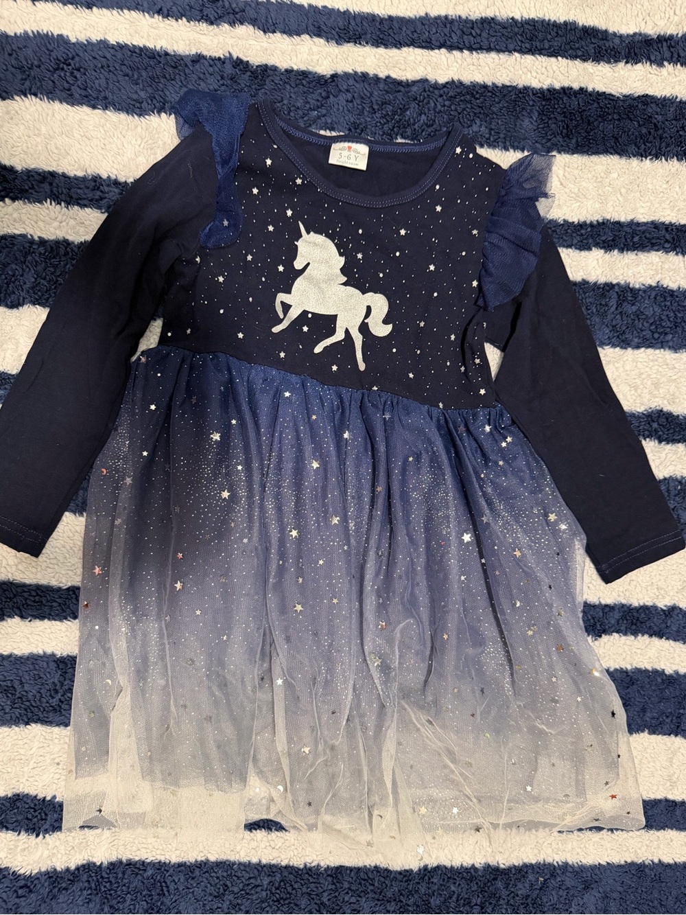 Kids Unicorn Star Ombre Tulle Dress - Navy & White
